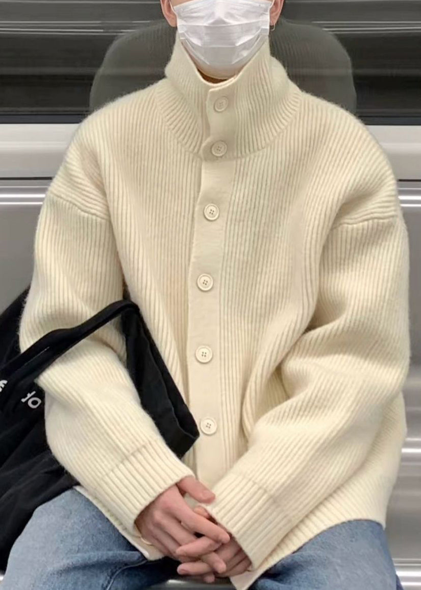Beige Button Cozy Knit Mens Coats Casual Clothing Turtleneck