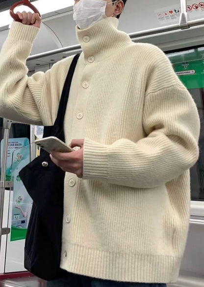 Beige Button Cozy Knit Mens Coats Casual Clothing Turtleneck