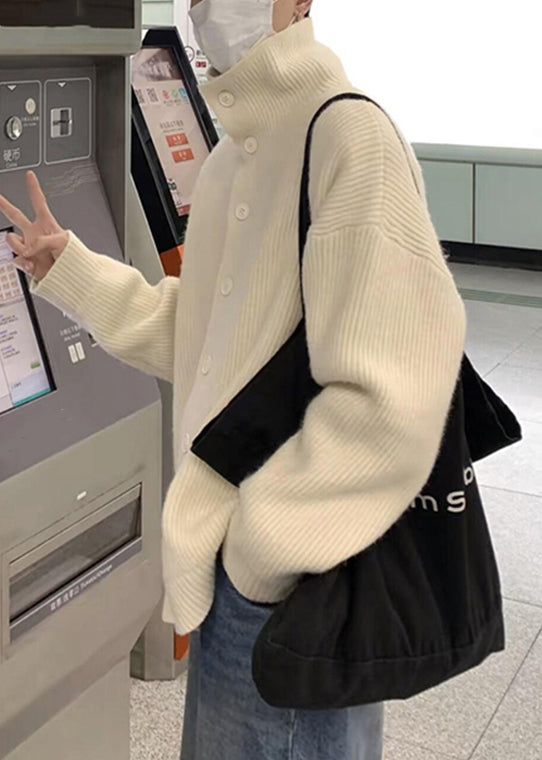 Beige Button Cozy Knit Mens Coats Casual Clothing Turtleneck
