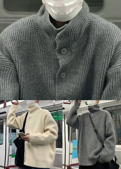 Beige Button Cozy Knit Mens Coats Casual Clothing Turtleneck