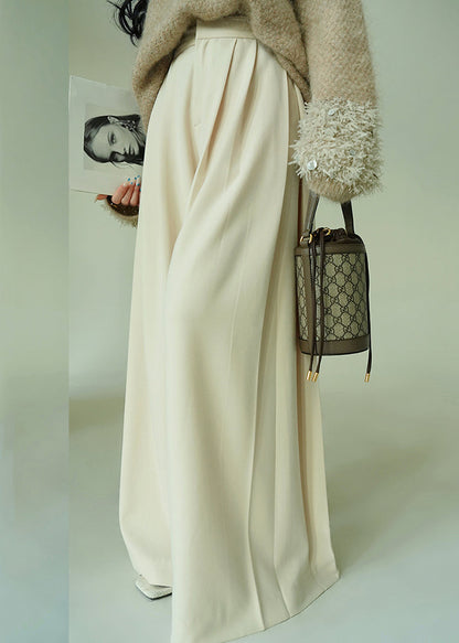 Beige Button Pockets Spandex Wide Leg Pants High Waist