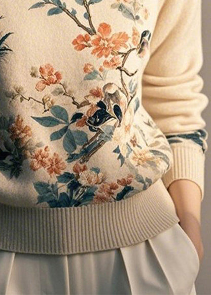 Beige Button Print Knit Sweaters Stand Collar Winter
