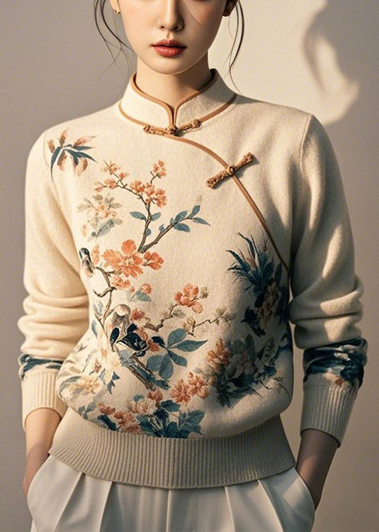 Beige Button Print Knit Sweaters Stand Collar Winter
