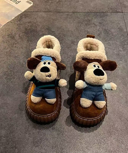 Beige Plateau-Stiefel mit Cartoon-Hunden-Motiv, flauschig gefüttert