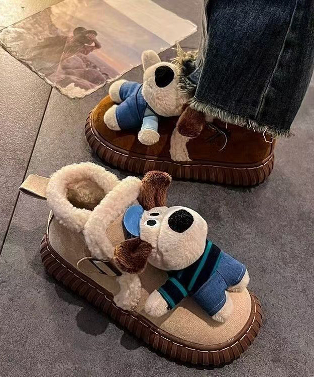 Beige Plateau-Stiefel mit Cartoon-Hunden-Motiv, flauschig gefüttert