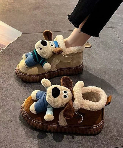 Beige Plateau-Stiefel mit Cartoon-Hunden-Motiv, flauschig gefüttert