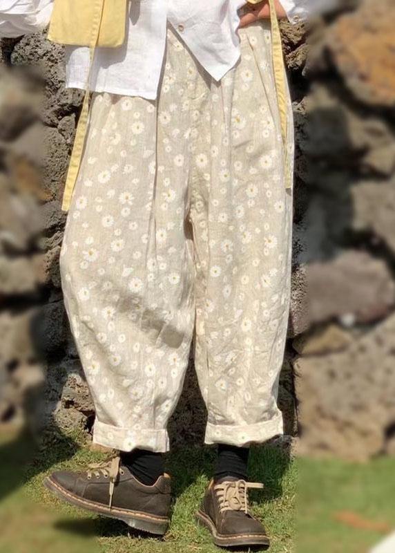 Beige Casual Pockets Print Fall Floral Pants - SooLinen