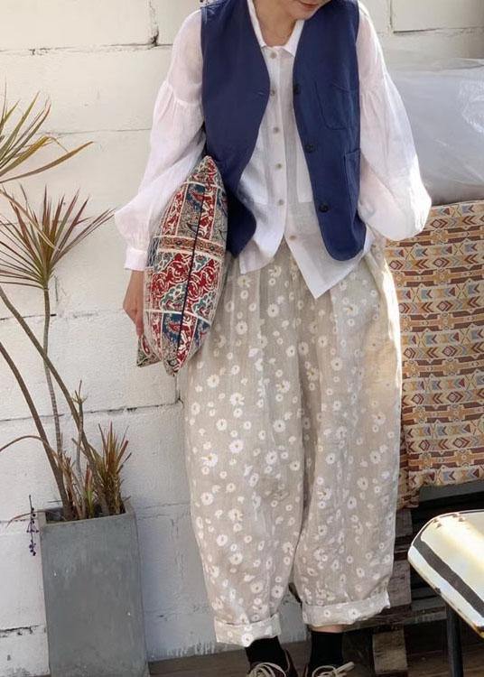 Beige Casual Pockets Print Fall Floral Pants - SooLinen