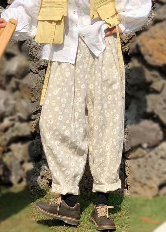 Beige Casual Pockets Print Fall Floral Pants - SooLinen