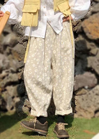Beige Casual Pockets Print Fall Floral Pants - SooLinen