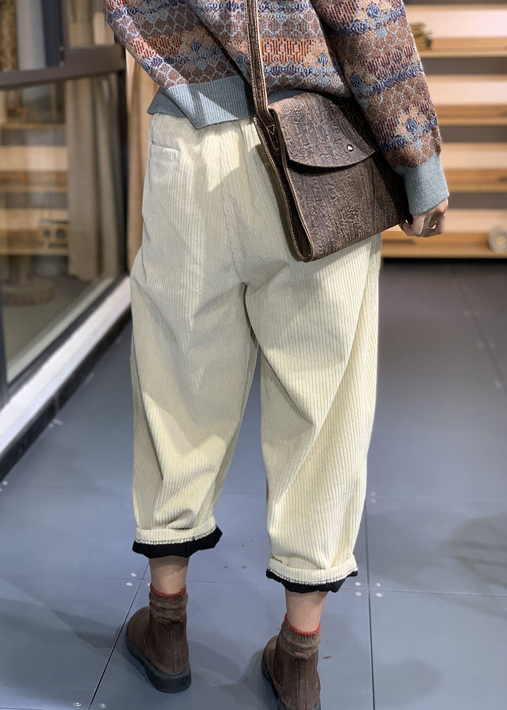 Beige Cord Haremshose Hohe Taille Warm Fleece Winter