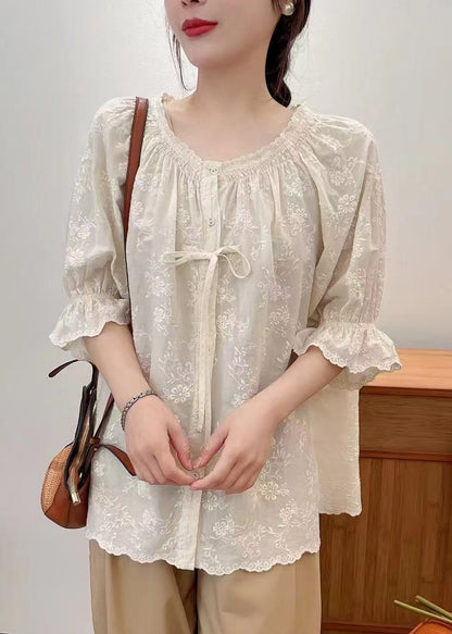 Beige Cotton Shirts Embroidered Lace Up Summer