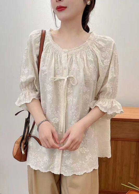 Beige Cotton Shirts Embroidered Lace Up Summer