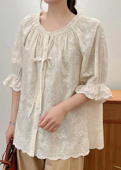 Beige Cotton Shirts Embroidered Lace Up Summer