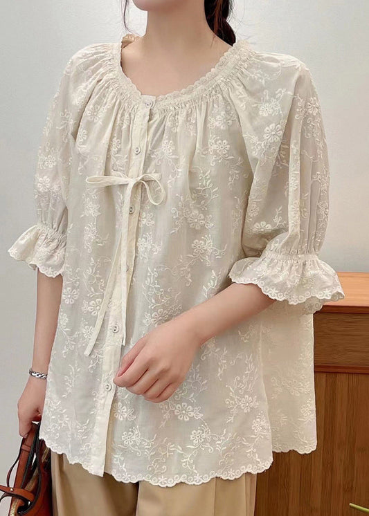Beige Cotton Shirts Embroidered Lace Up Summer