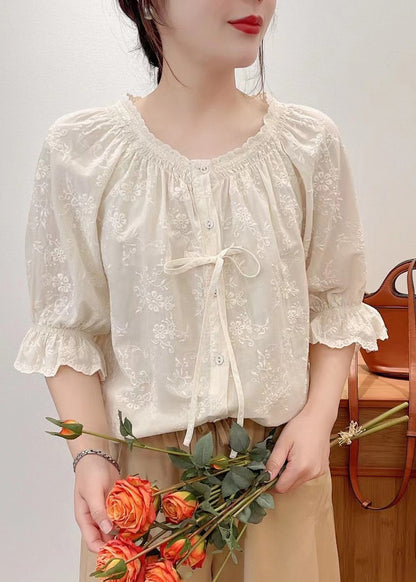 Beige Cotton Shirts Embroidered Lace Up Summer