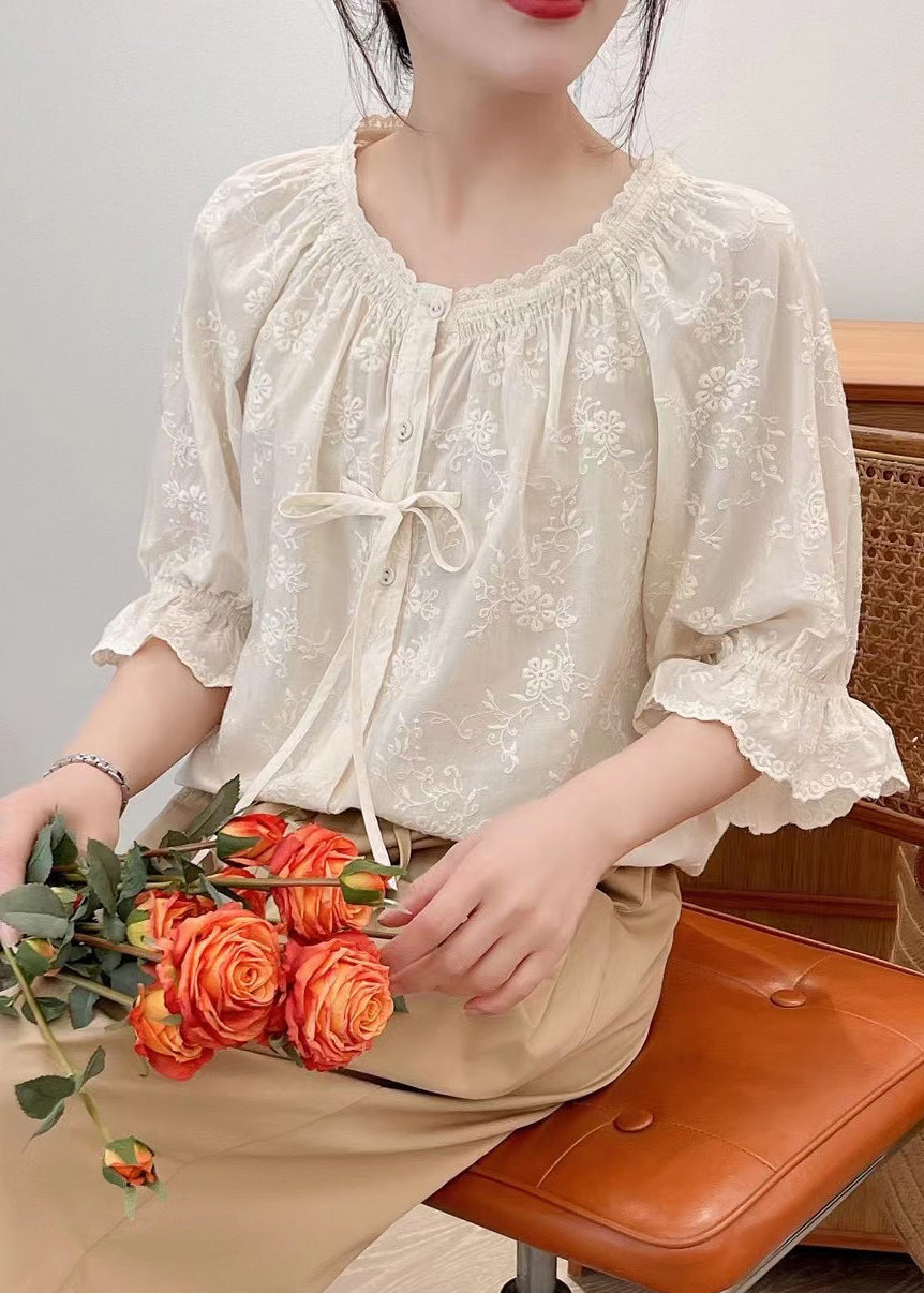 Beige Cotton Shirts Embroidered Lace Up Summer