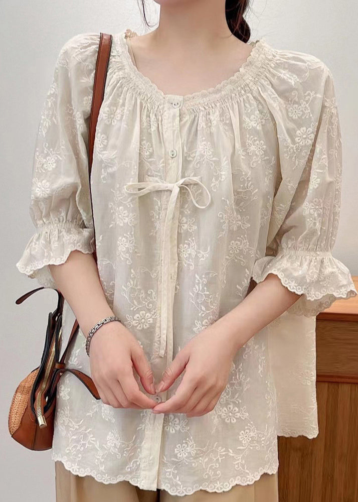 Beige Cotton Shirts Embroidered Lace Up Summer