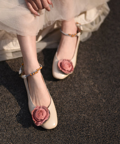 Beige Cowhide Leather Classy Splicing Floral Flat Feet Shoes