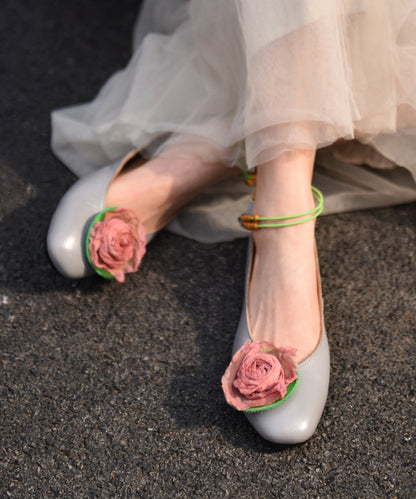 Beige Cowhide Leather Classy Splicing Floral Flat Feet Shoes