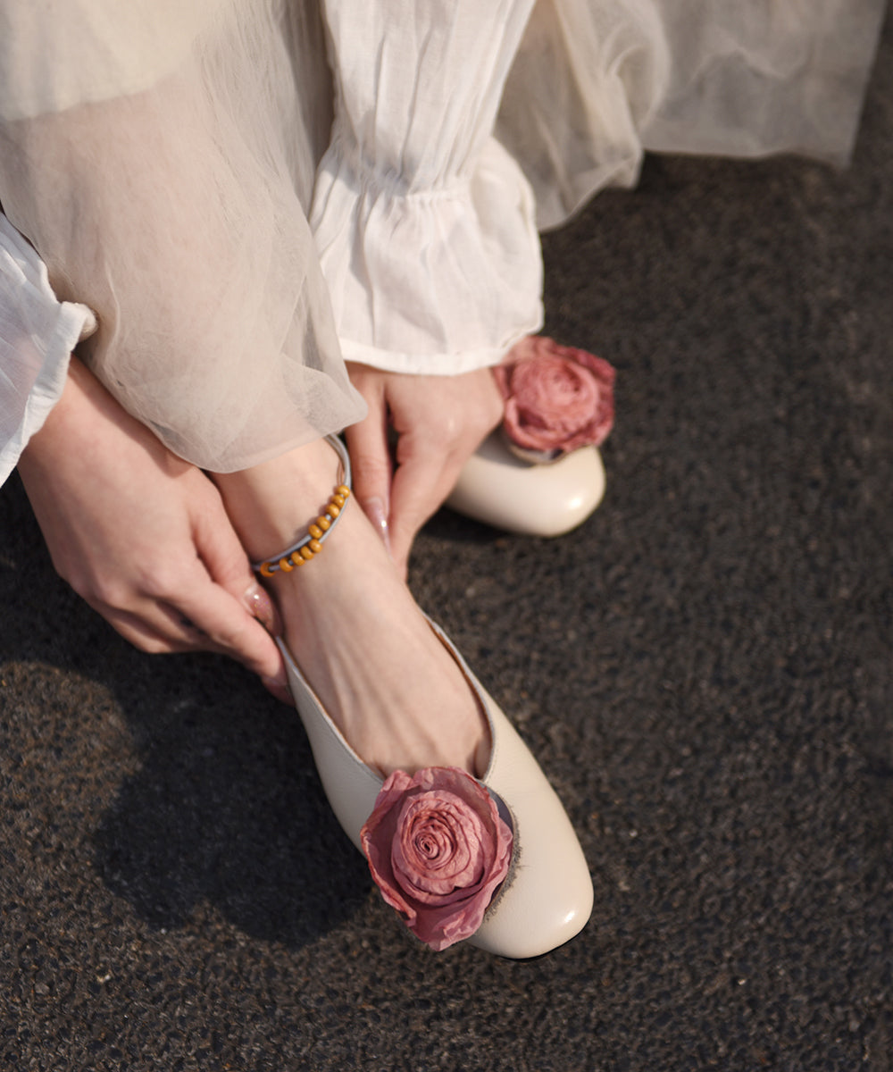 Beige Cowhide Leather Classy Splicing Floral Flat Feet Shoes