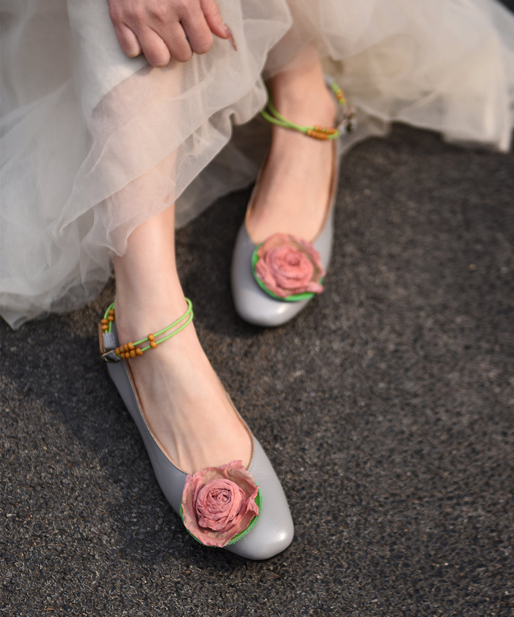 Beige Cowhide Leather Classy Splicing Floral Flat Feet Shoes