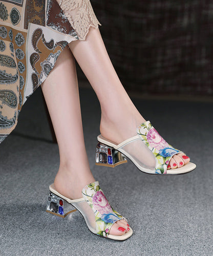 Beige Cowhide Leather Tulle Splicing Slide Sandals Peep Toe