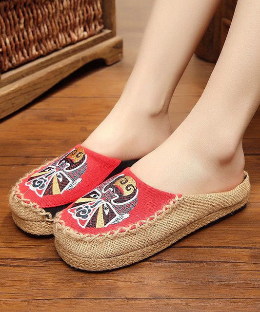 Beige Embroideried Linen Fabric Slippers Shoes Splicing - SooLinen
