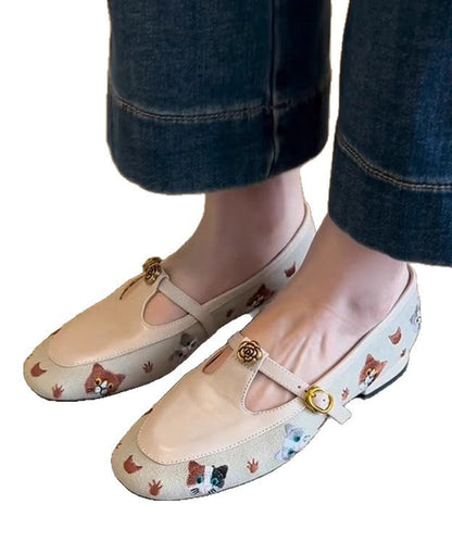 Beige Faux Leather Flat Shoes Hollow Out Embroidered