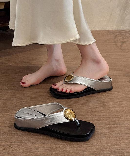 Beige Flip Flops Splicing Wedge Faux Leather Sequined
