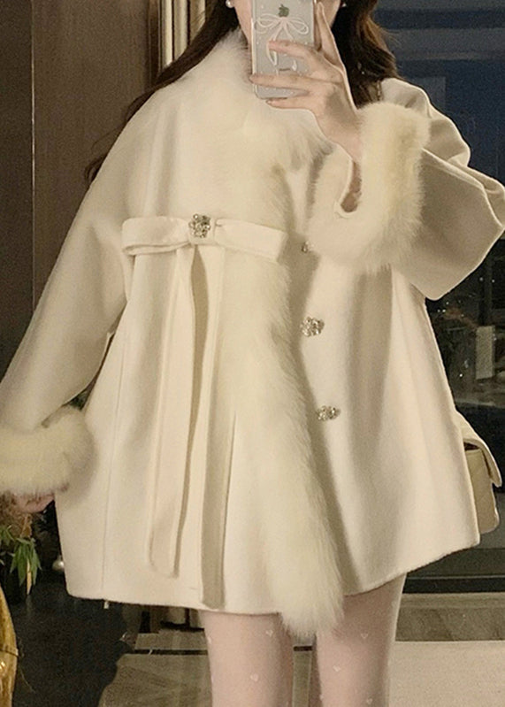 Beige Fox Collar Bow Thick Woolen Parka Winter