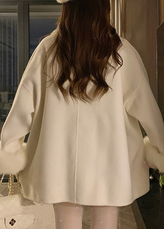 Beige Fox Collar Bow Thick Woolen Parka Winter