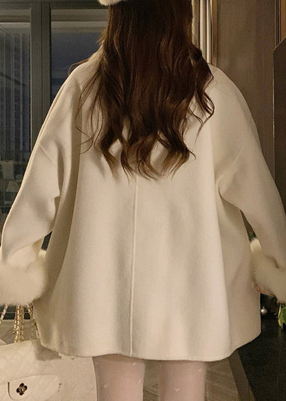 Beige Fox Collar Bow Thick Woolen Parka Winter