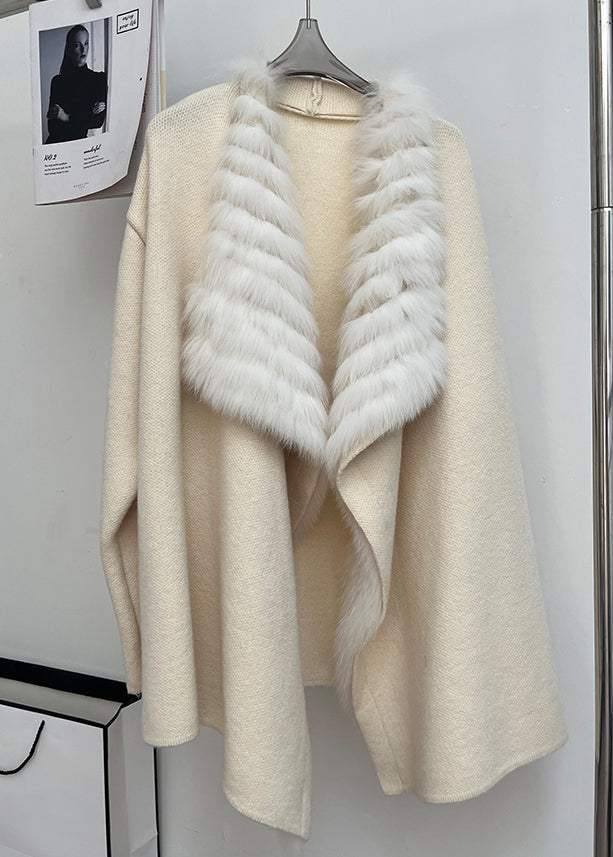 Beige Strickjacken aus Wolle mit Fuchskragen und Patchwork-Design, Peter-Pan-Kragen