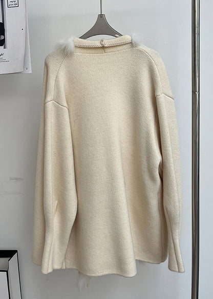 Beige Strickjacken aus Wolle mit Fuchskragen und Patchwork-Design, Peter-Pan-Kragen