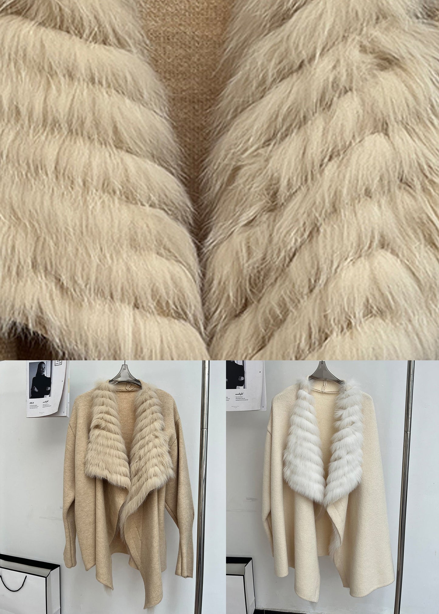 Beige Strickjacken aus Wolle mit Fuchskragen und Patchwork-Design, Peter-Pan-Kragen