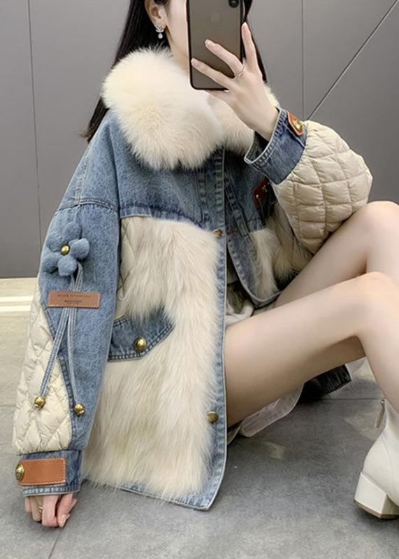 Beige Fuchs kragen Denim Patchwork Button Down Mäntel Winter