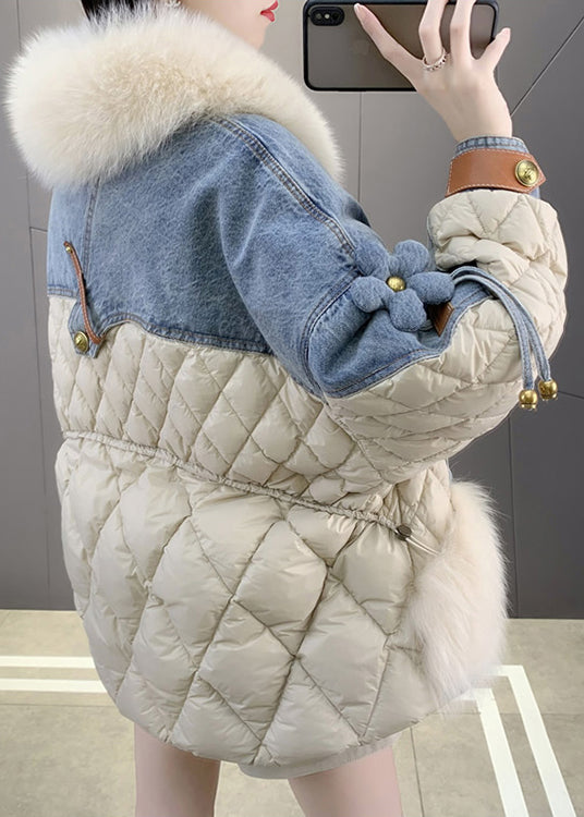 Beige Fuchs kragen Denim Patchwork Button Down Mäntel Winter