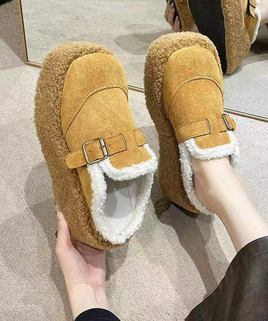 Beige Flauschige Hausschuhe mit Wollfutter und Plateau-Keilabsatz