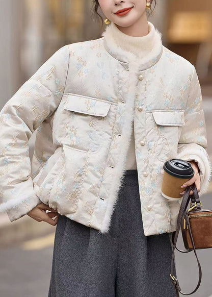 Abrigo de plumón de pato jacquard beige con cuello redondo y bolsillos de invierno