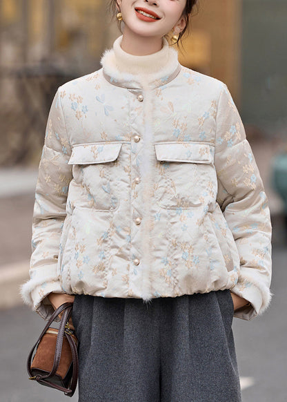 Abrigo de plumón de pato jacquard beige con cuello redondo y bolsillos de invierno