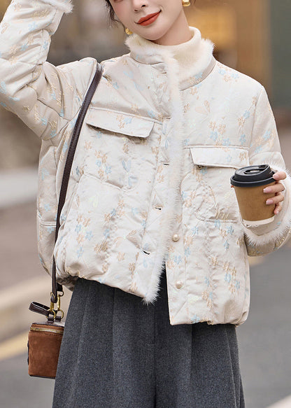 Abrigo de plumón de pato jacquard beige con cuello redondo y bolsillos de invierno