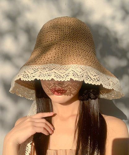 Beige Large Brimmed Lace Straw Woven Sun Hat Women Summer