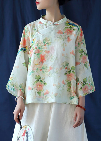 Beige Leinenhemd Top Stehkragen niedriges hohes Design Dreiviertelärmel