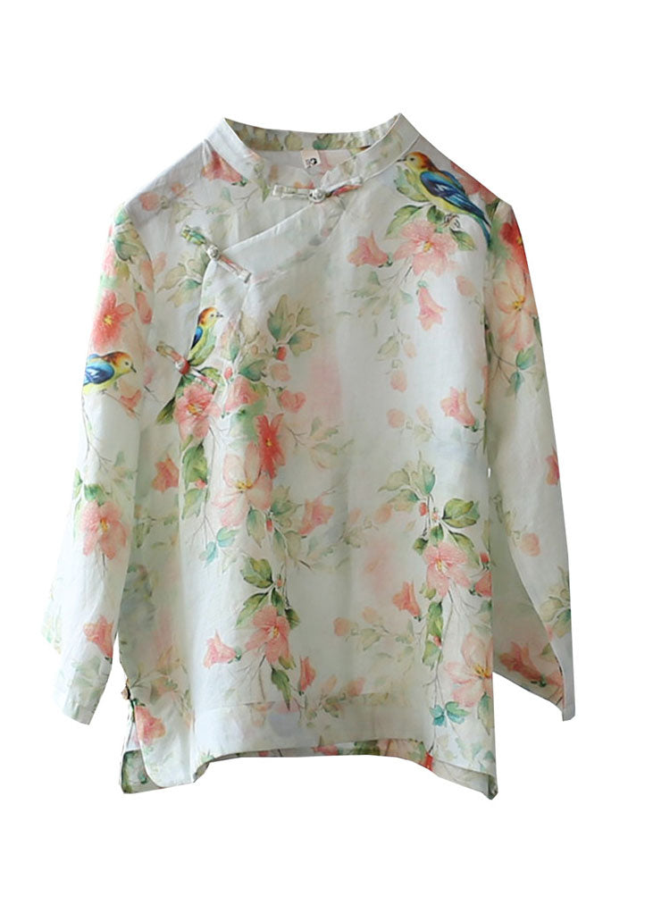 Beige Leinenhemd Top Stehkragen niedriges hohes Design Dreiviertelärmel