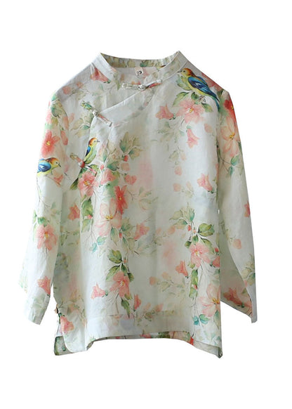 Beige Leinenhemd Top Stehkragen niedriges hohes Design Dreiviertelärmel