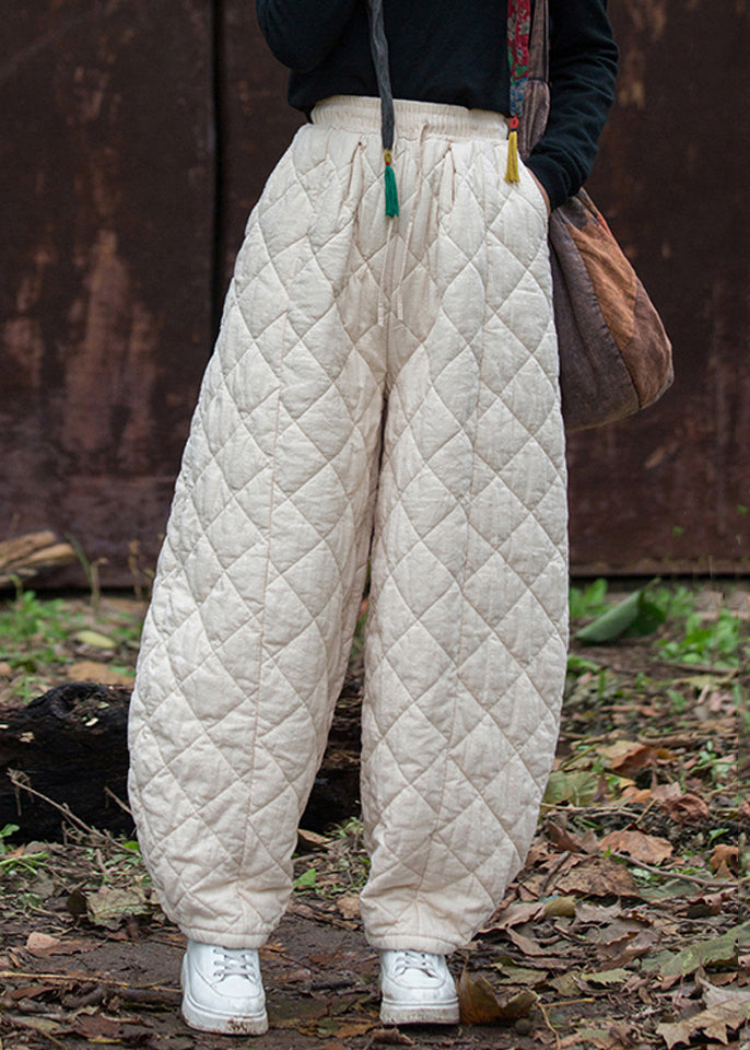 Pantalones beige con diseño original, bolsillos, relleno de algodón liso, cintura elástica