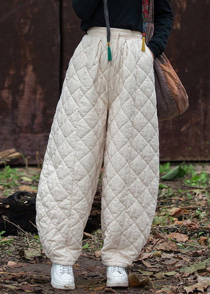 Pantalones beige con diseño original, bolsillos, relleno de algodón liso, cintura elástica