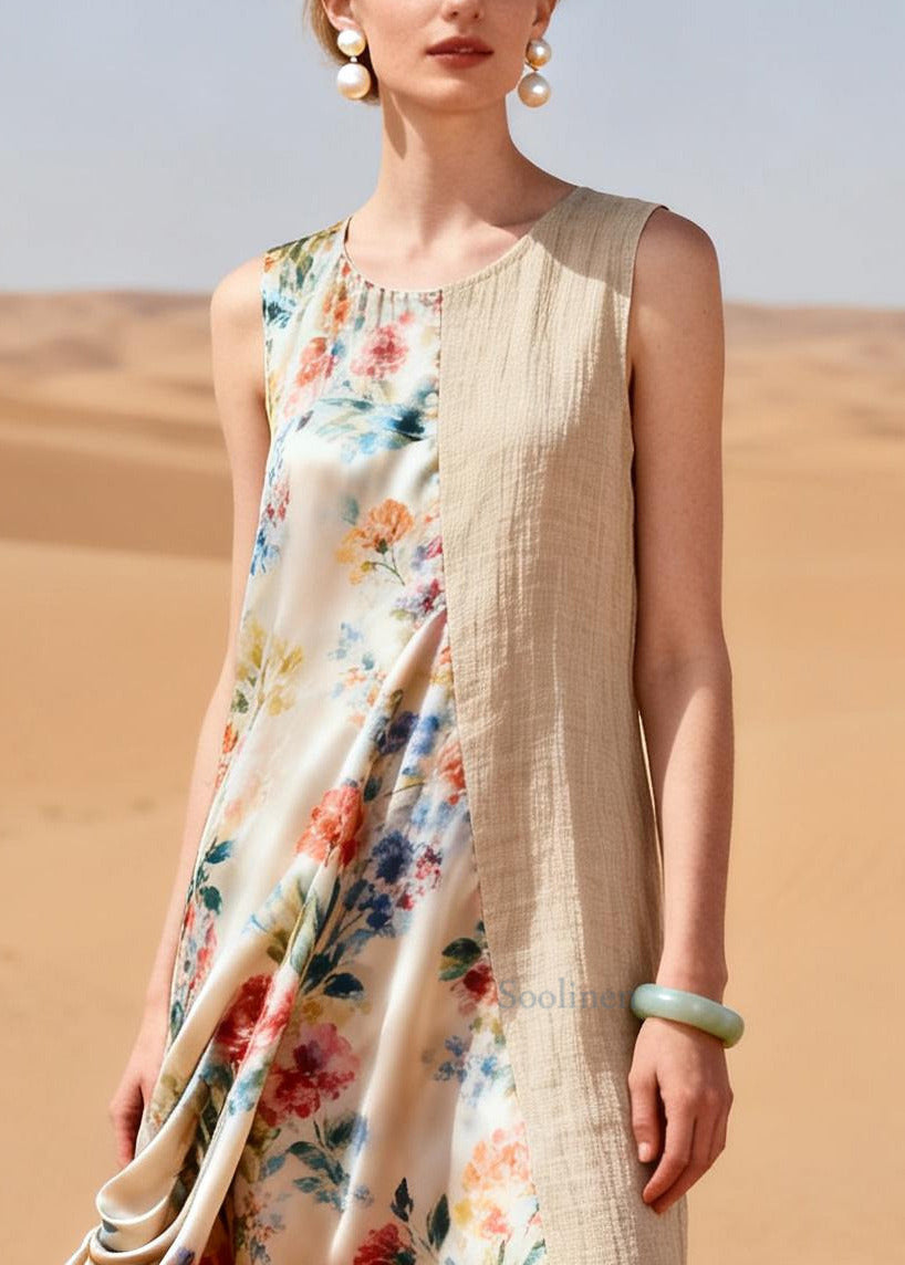 Beige Patchwork Linen Silk Dresses Asymmetrical Wrinkled Summer