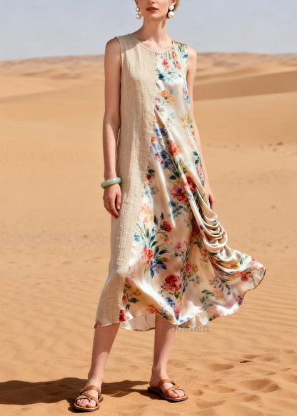 Beige Patchwork Linen Silk Dresses Asymmetrical Wrinkled Summer